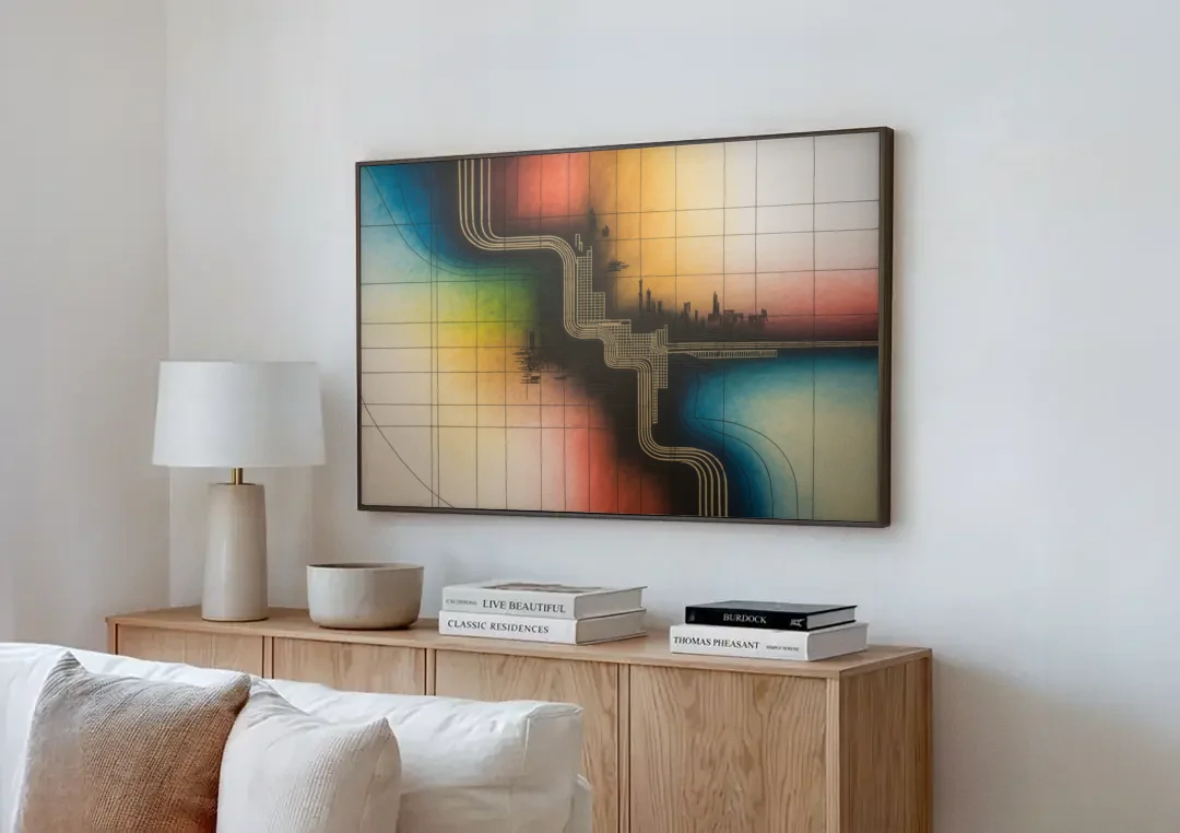Chicago Vintage Transit Map canvas wall art above a wooden sideboard next to a sofa