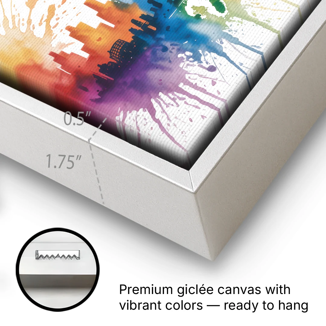 Chicago Watercolor Skyline Splash - White Framed Canvas Wall Art - Gallery Wrap Corner