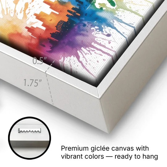 Chicago Watercolor Skyline Splash - White Framed Canvas Wall Art - Gallery Wrap Corner