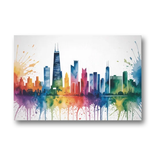 Chicago Watercolor Skyline Splash - Canvas Wall Art - Front