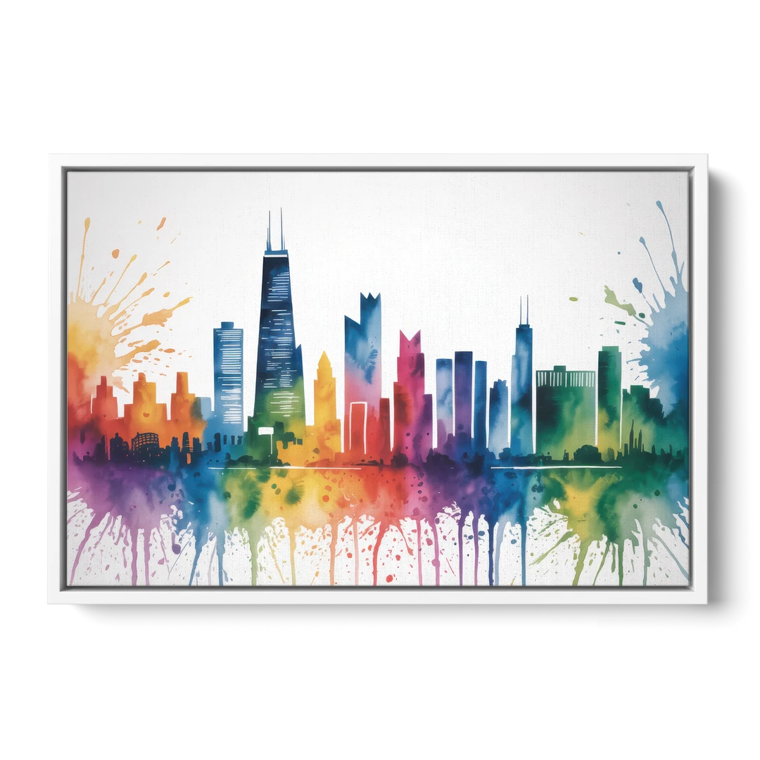 Chicago Watercolor Skyline Splash - White Framed Canvas Wall Art - Front