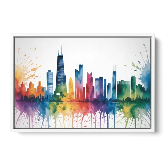 Chicago Watercolor Skyline Splash - White Framed Canvas Wall Art - Front