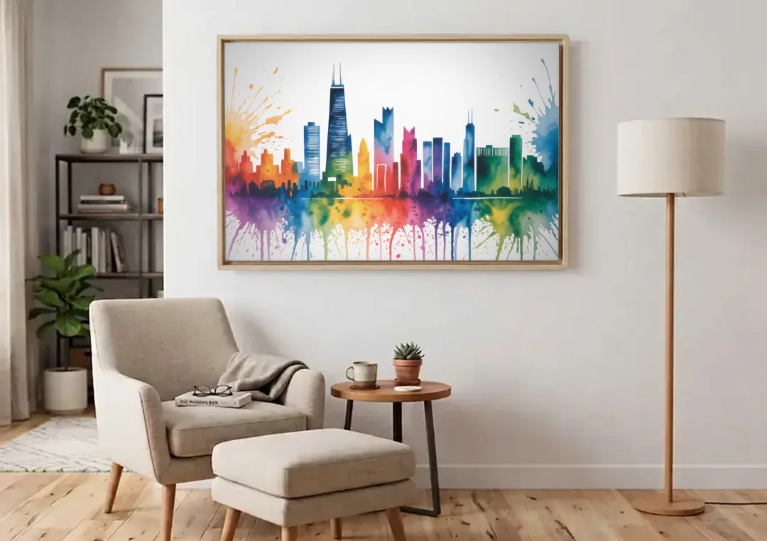 Chicago Watercolor Skyline Splash canvas wall art above an armchair in a bright living room