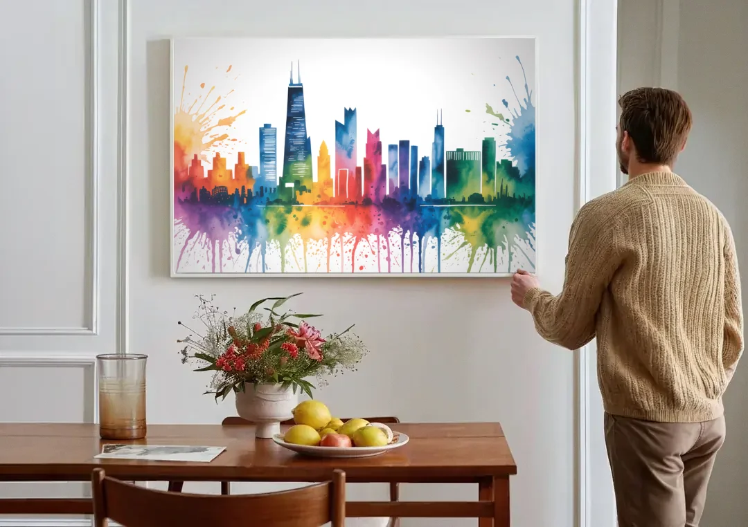 Chicago Watercolor Skyline Splash canvas wall art above a dining table