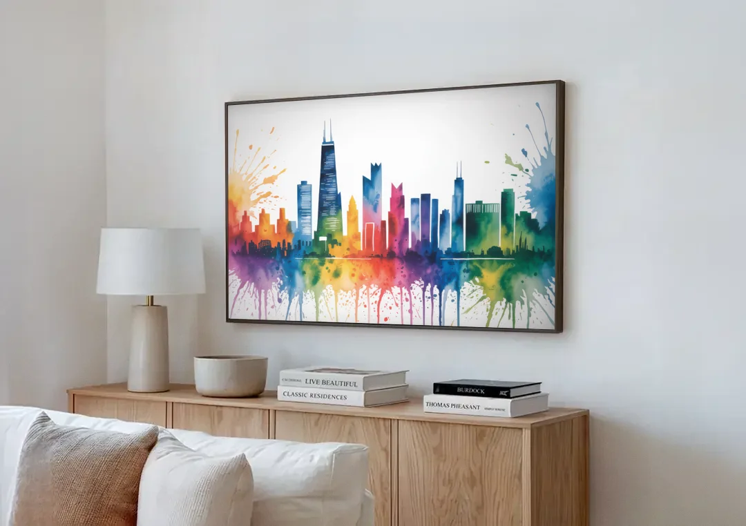 Chicago Watercolor Skyline Splash canvas wall art above a wooden sideboard next to a sofa