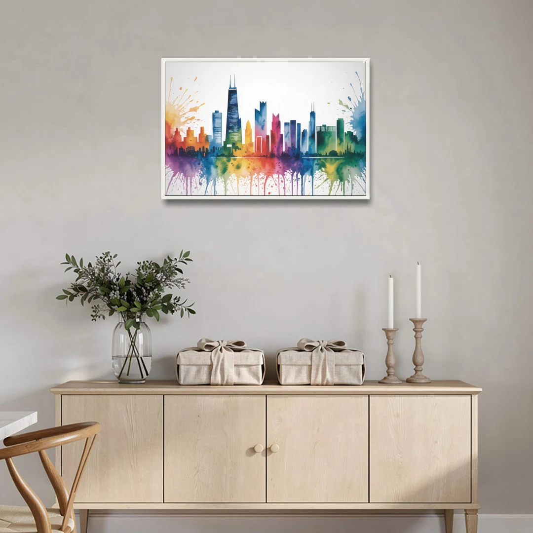 Chicago Watercolor Skyline Splash - White Framed Canvas Wall Art - Coffee Table - 36x24