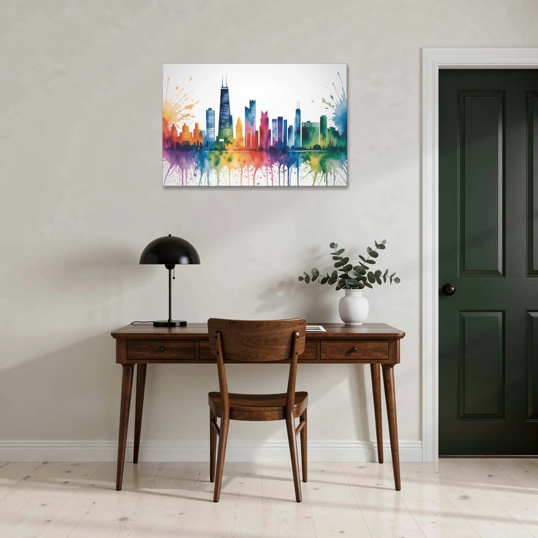 Chicago Watercolor Skyline Splash - Canvas Wall Art - Office - 36x24