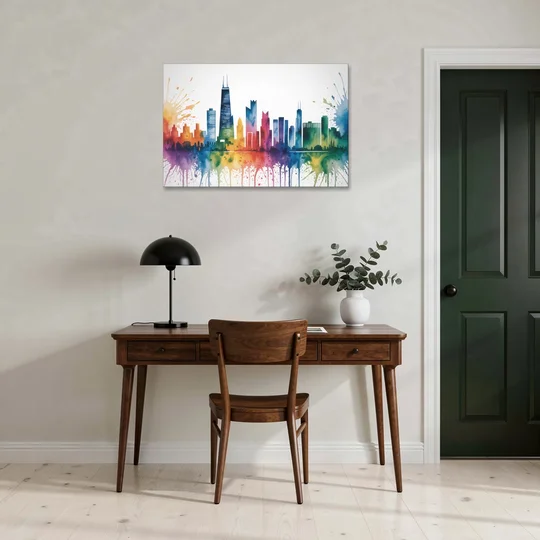 Chicago Watercolor Skyline Splash - Canvas Wall Art - Office - 36x24