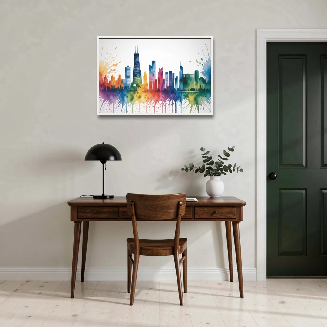 Chicago Watercolor Skyline Splash - White Framed Canvas Wall Art - Office - 36x24