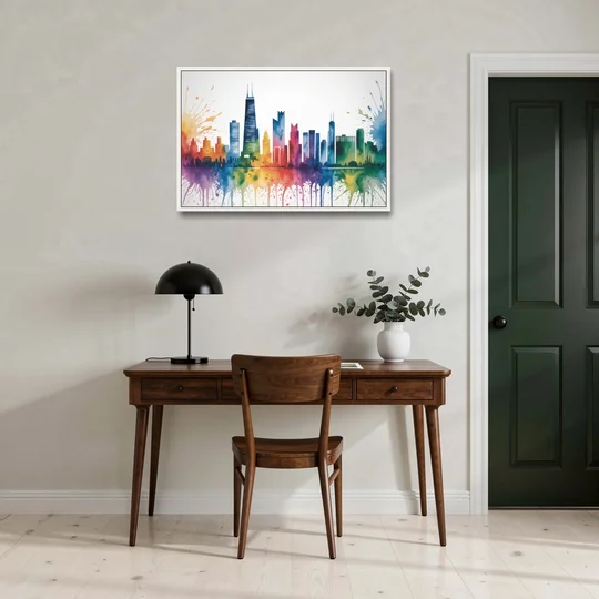Chicago Watercolor Skyline Splash - White Framed Canvas Wall Art - Office - 36x24