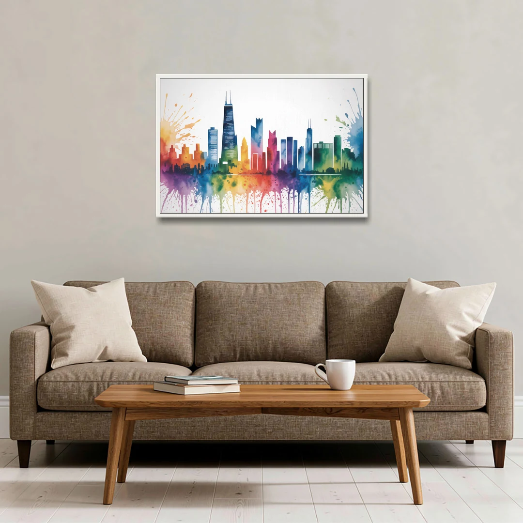 Chicago Watercolor Skyline Splash - White Framed Canvas Wall Art - Sofa - 36x24