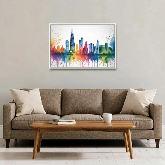 Chicago Watercolor Skyline Splash - White Framed Canvas Wall Art - Sofa - 36x24
