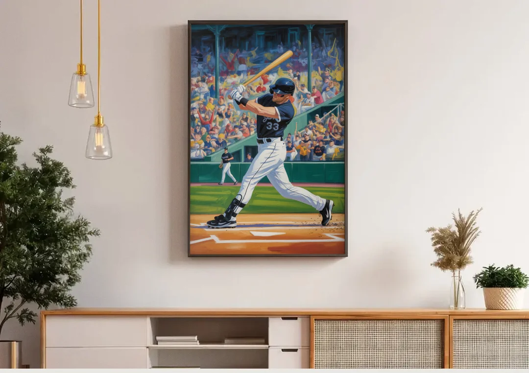 Chicago White Sox Grand Slam canvas wall art above a wooden sideboard under pendant lights