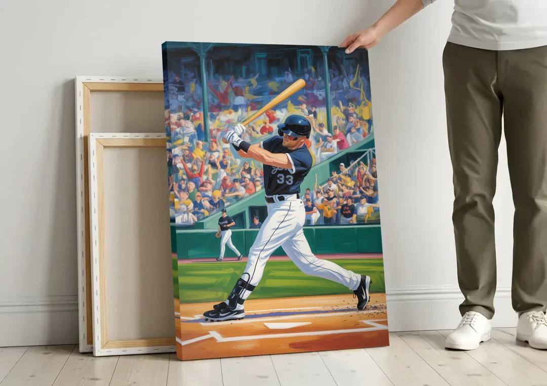 Chicago White Sox Grand Slam canvas wall art leaning against a wall next to blank canvases