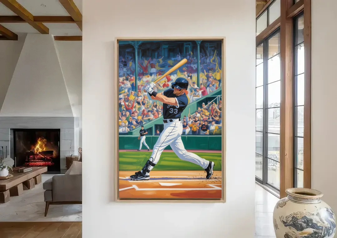 Chicago White Sox Grand Slam canvas wall art in a living room with a fireplace