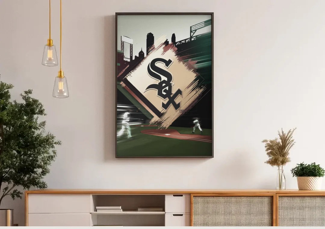 Chicago White Sox Legacy canvas wall art above a wooden sideboard under pendant lights
