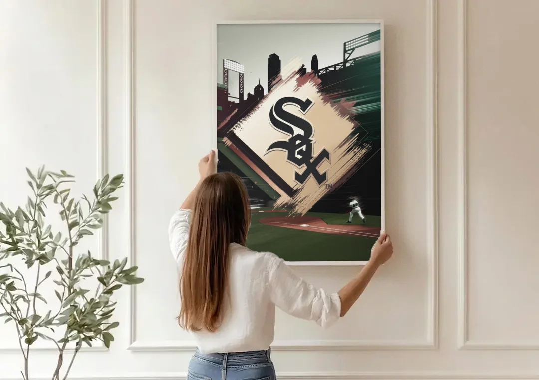 Chicago White Sox Legacy canvas wall art being hung on a paneled wall