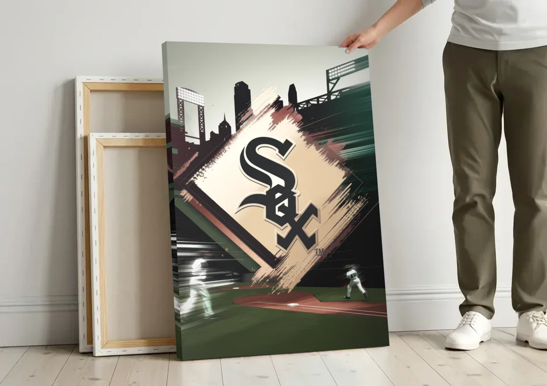 Chicago White Sox Legacy canvas wall art leaning against a wall next to blank canvases