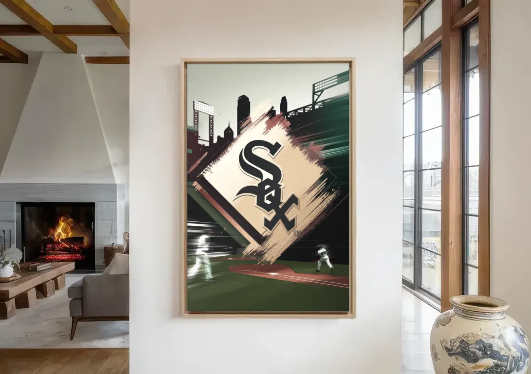 Chicago White Sox Legacy canvas wall art in a living room with a fireplace