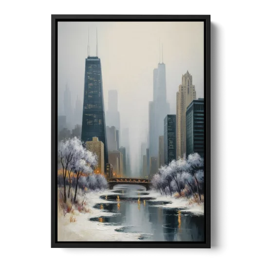 Chicago Winter Fog Over the City - Black Framed Canvas Wall Art - Front