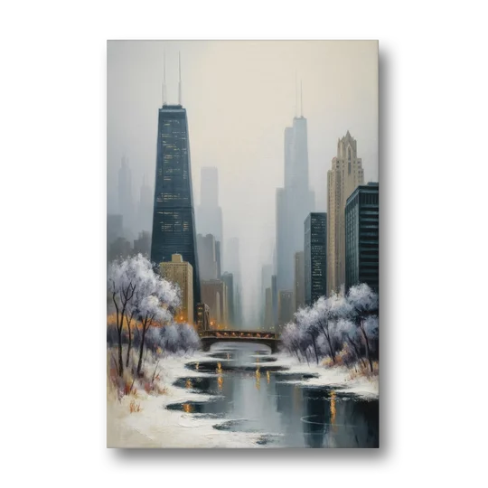 Chicago Winter Fog Over the City - Canvas Wall Art - Front