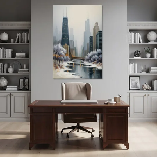 Chicago Winter Fog Over the City - Canvas Wall Art - Office - 40x60