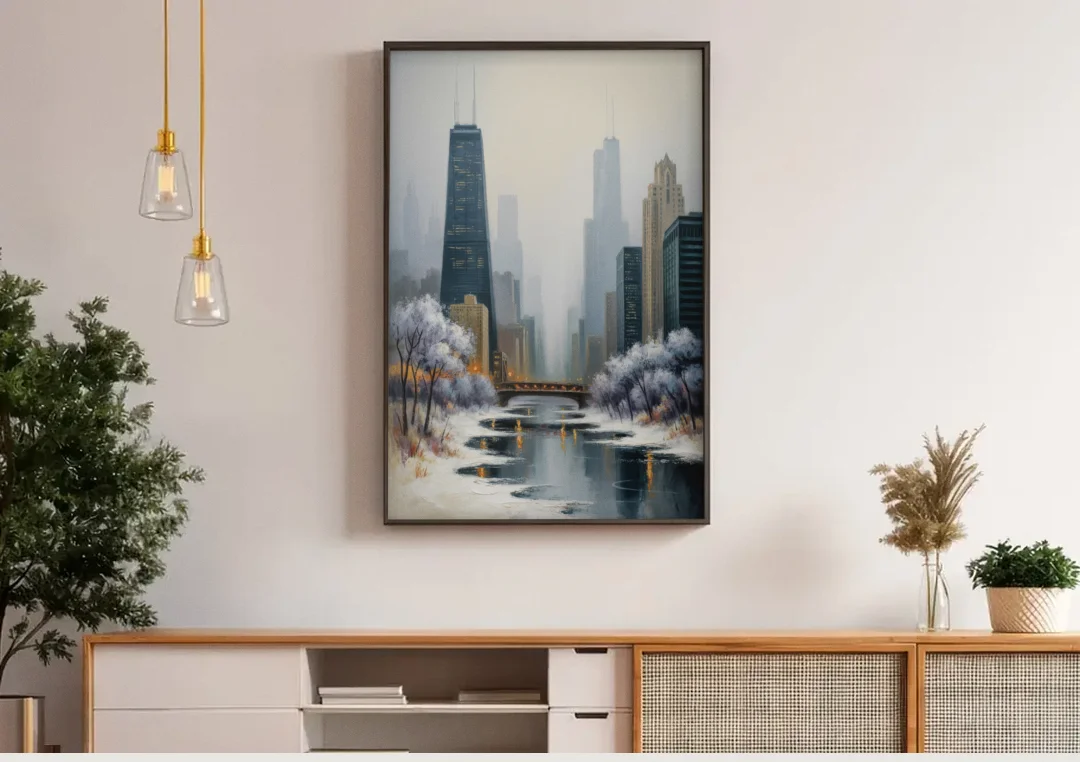 Chicago Winter Fog Over the City canvas wall art above a wooden sideboard under pendant lights