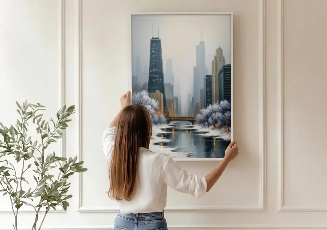 Chicago Winter Fog Over the City canvas wall art being hung on a paneled wall
