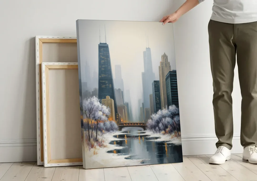 Chicago Winter Fog Over the City canvas wall art leaning against a wall next to blank canvases