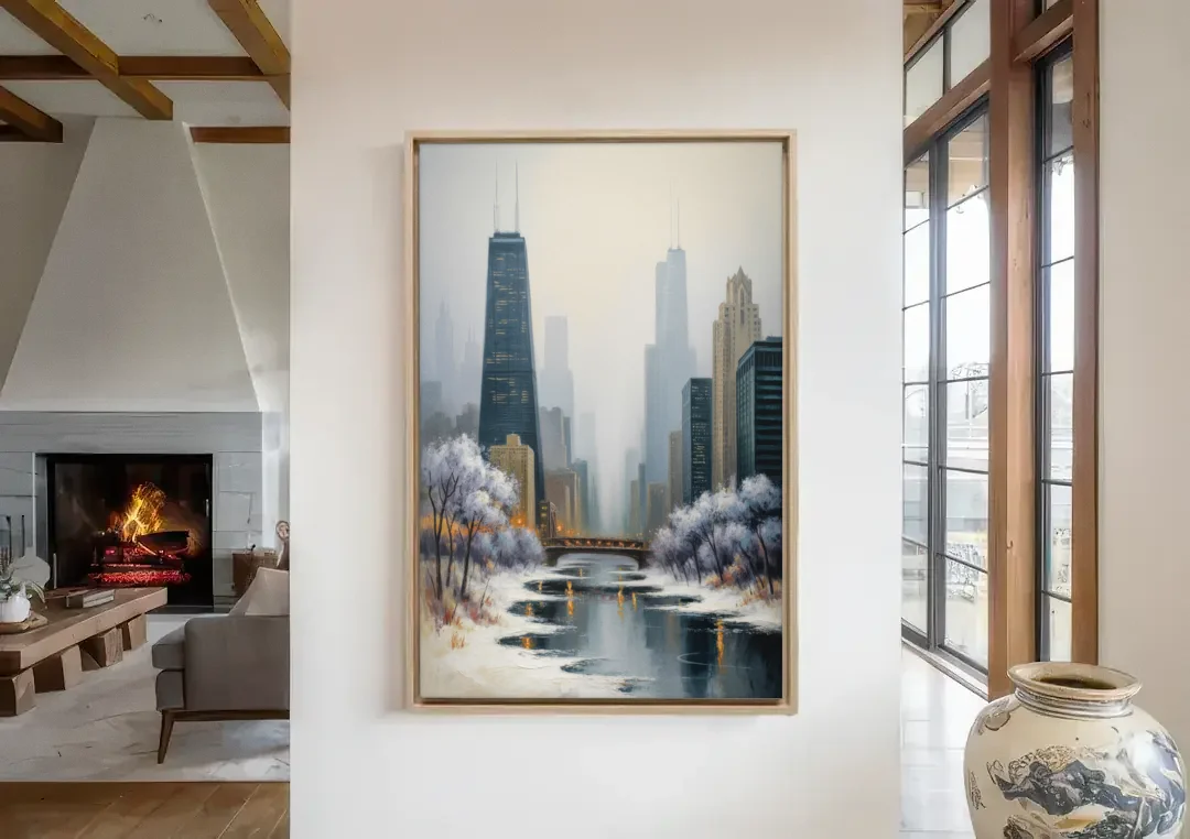 Chicago Winter Fog Over the City canvas wall art in a living room with a fireplace