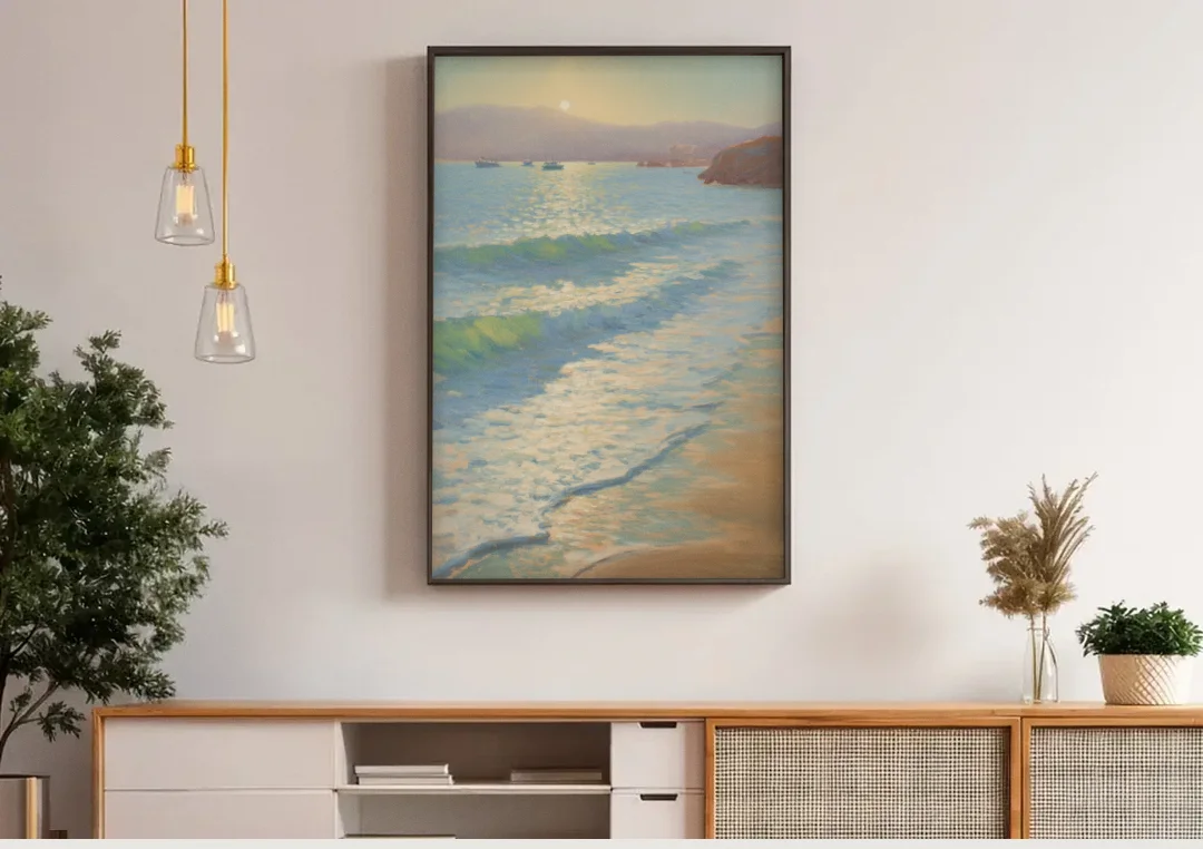 Chileno Bay Waters canvas wall art above a wooden sideboard under pendant lights