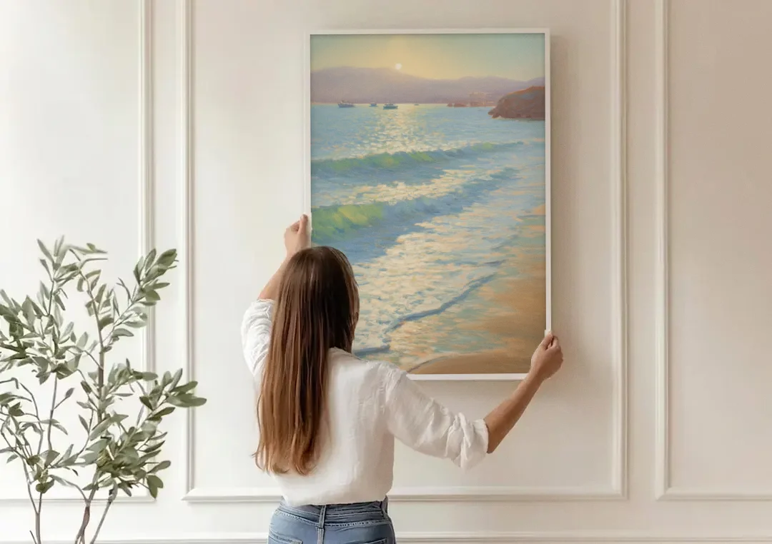 Chileno Bay Waters canvas wall art being hung on a paneled wall