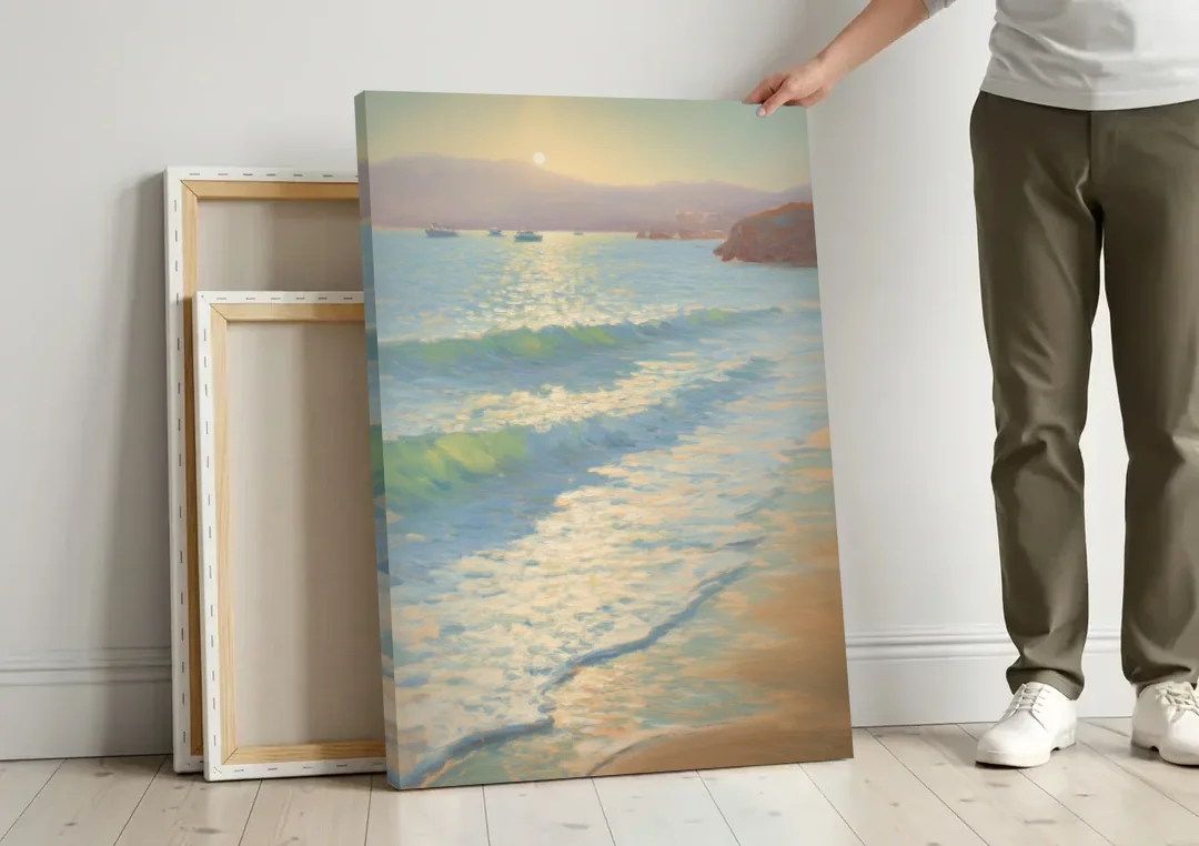 Chileno Bay Waters canvas wall art leaning against a wall next to blank canvases