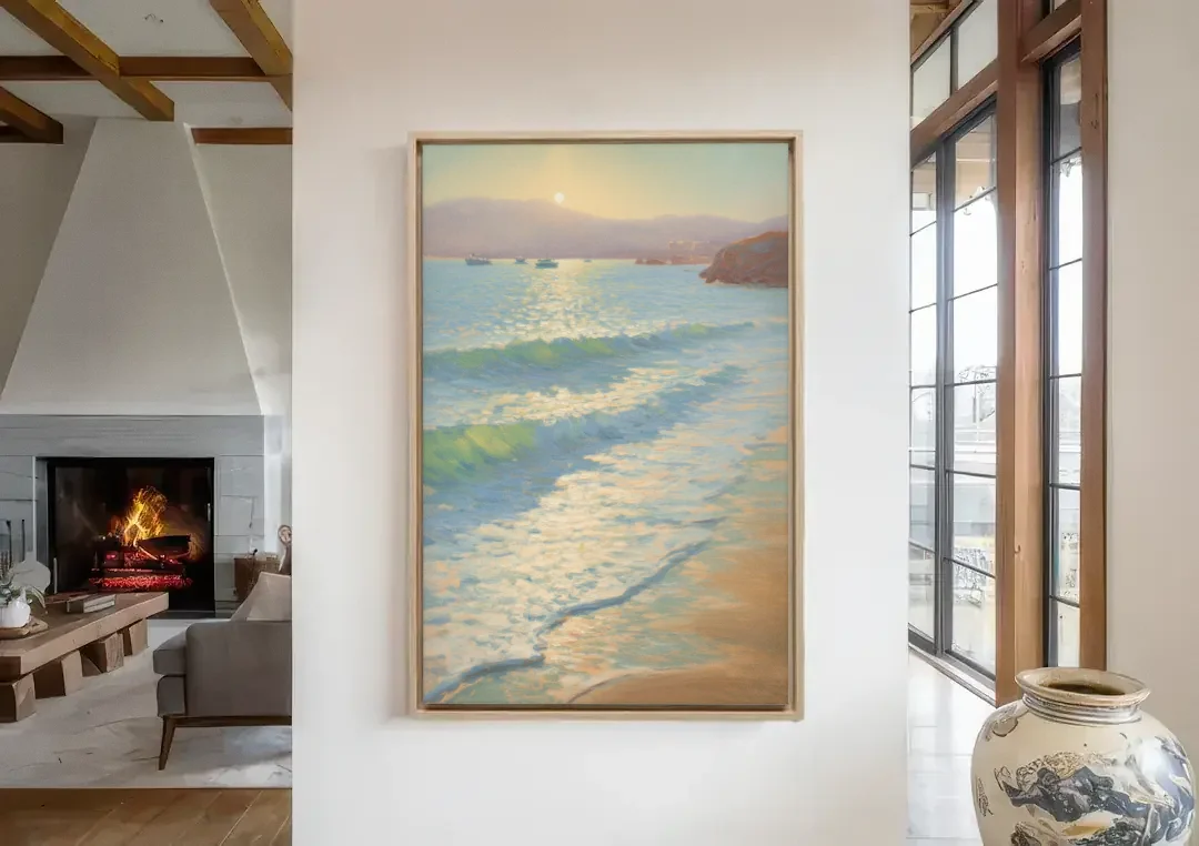 Chileno Bay Waters canvas wall art in a living room with a fireplace