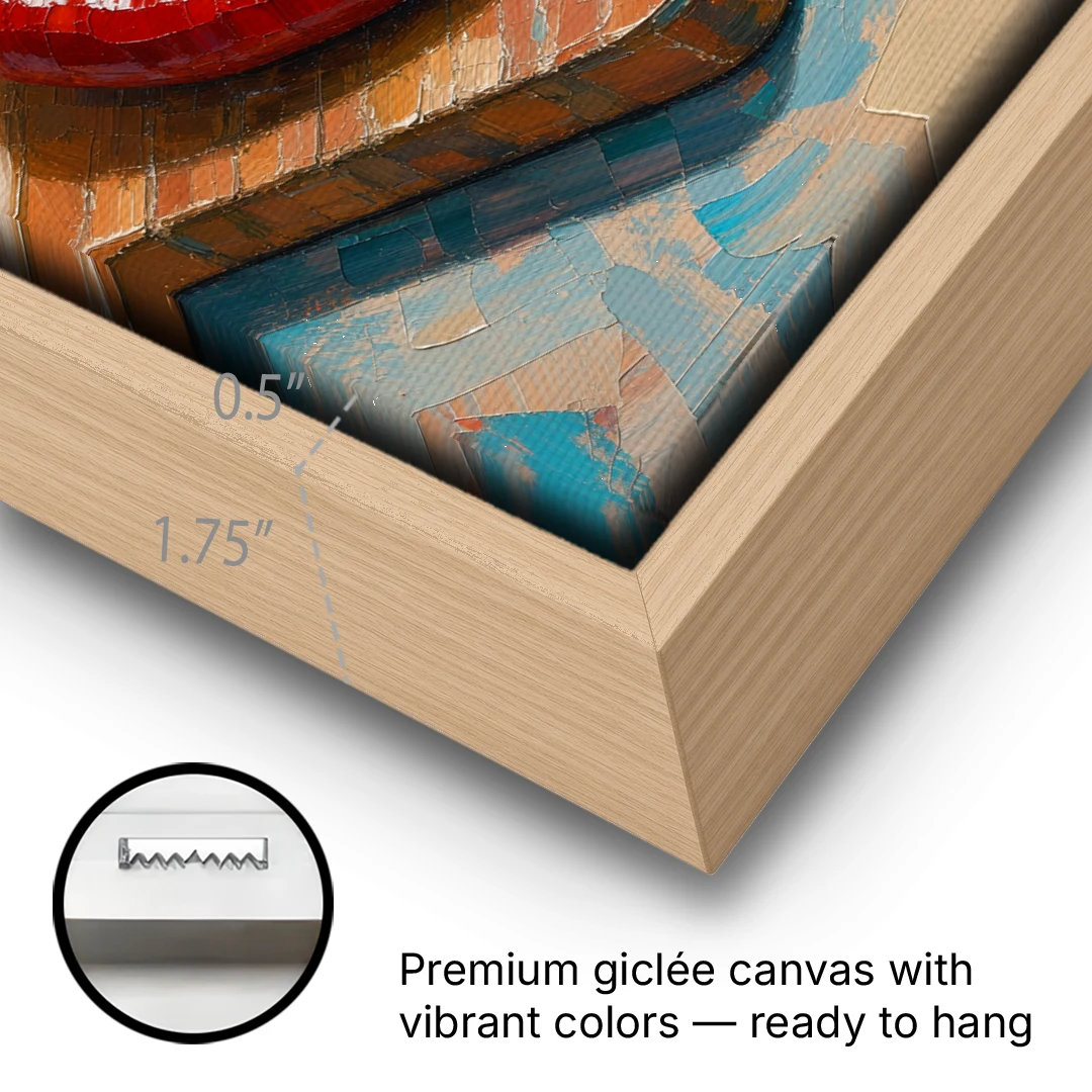 Chili Pepper Wall Art with Avocado on a Cutting Board - Oak Framed Canvas Wall Art - Gallery Wrap Corner