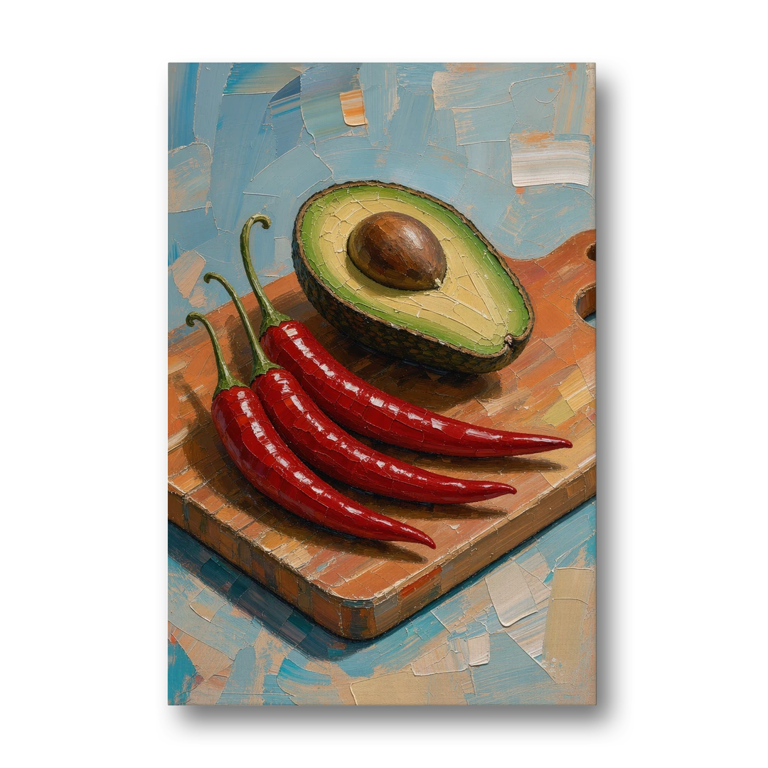 Chili Pepper Wall Art with Avocado on a Cutting Board - Canvas Wall Art - Front