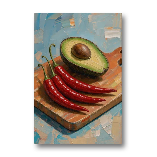 Chili Pepper Wall Art with Avocado on a Cutting Board - Canvas Wall Art - Front