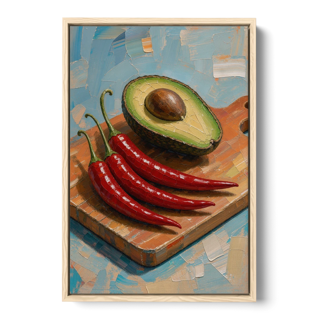 Chili Pepper Wall Art with Avocado on a Cutting Board - Oak Framed Canvas Wall Art - Front