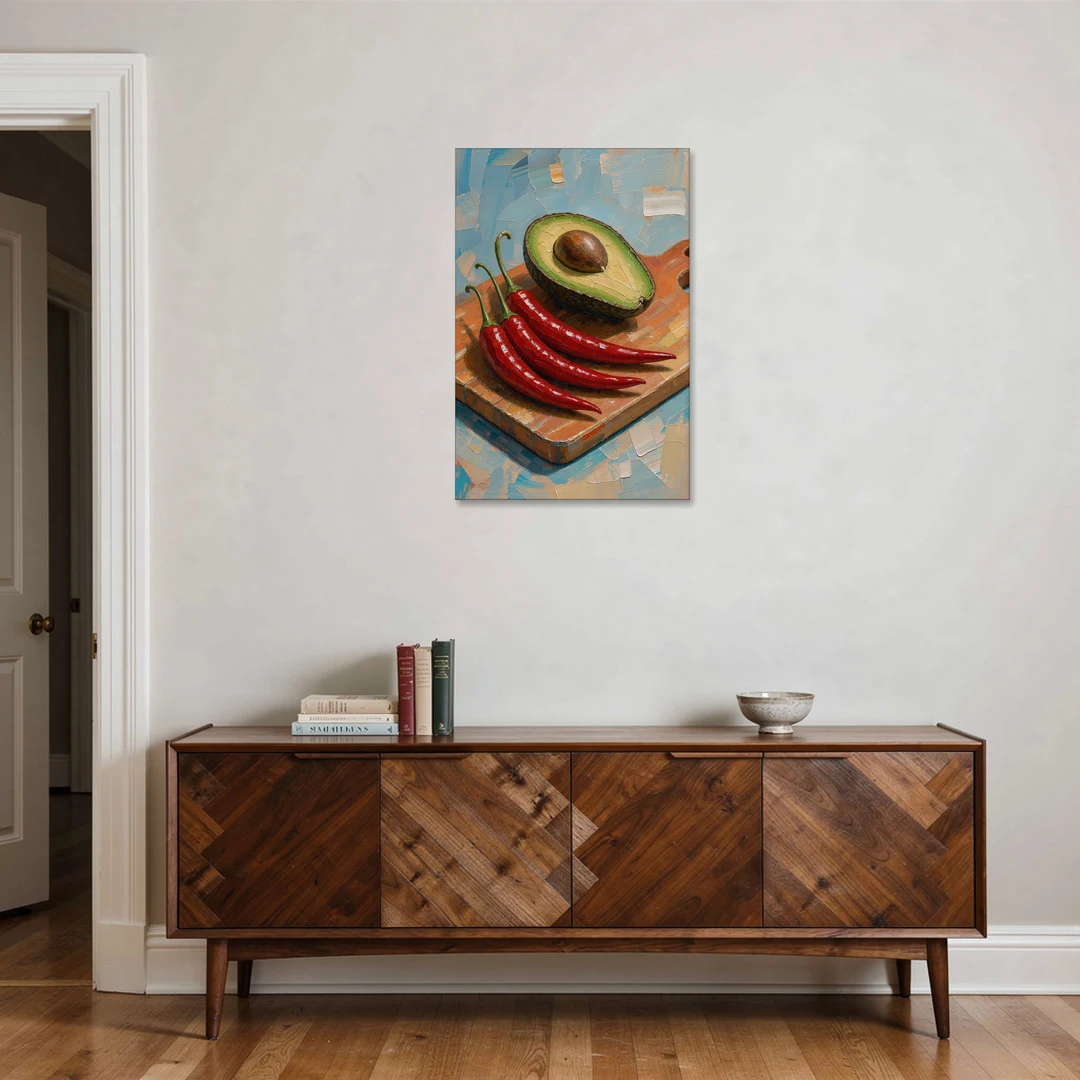 Chili Pepper Wall Art with Avocado on a Cutting Board - Canvas Wall Art - Coffee Table - 24x36