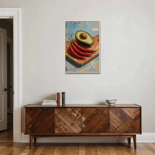 Chili Pepper Wall Art with Avocado on a Cutting Board - Oak Framed Canvas Wall Art - Coffee Table - 24x36