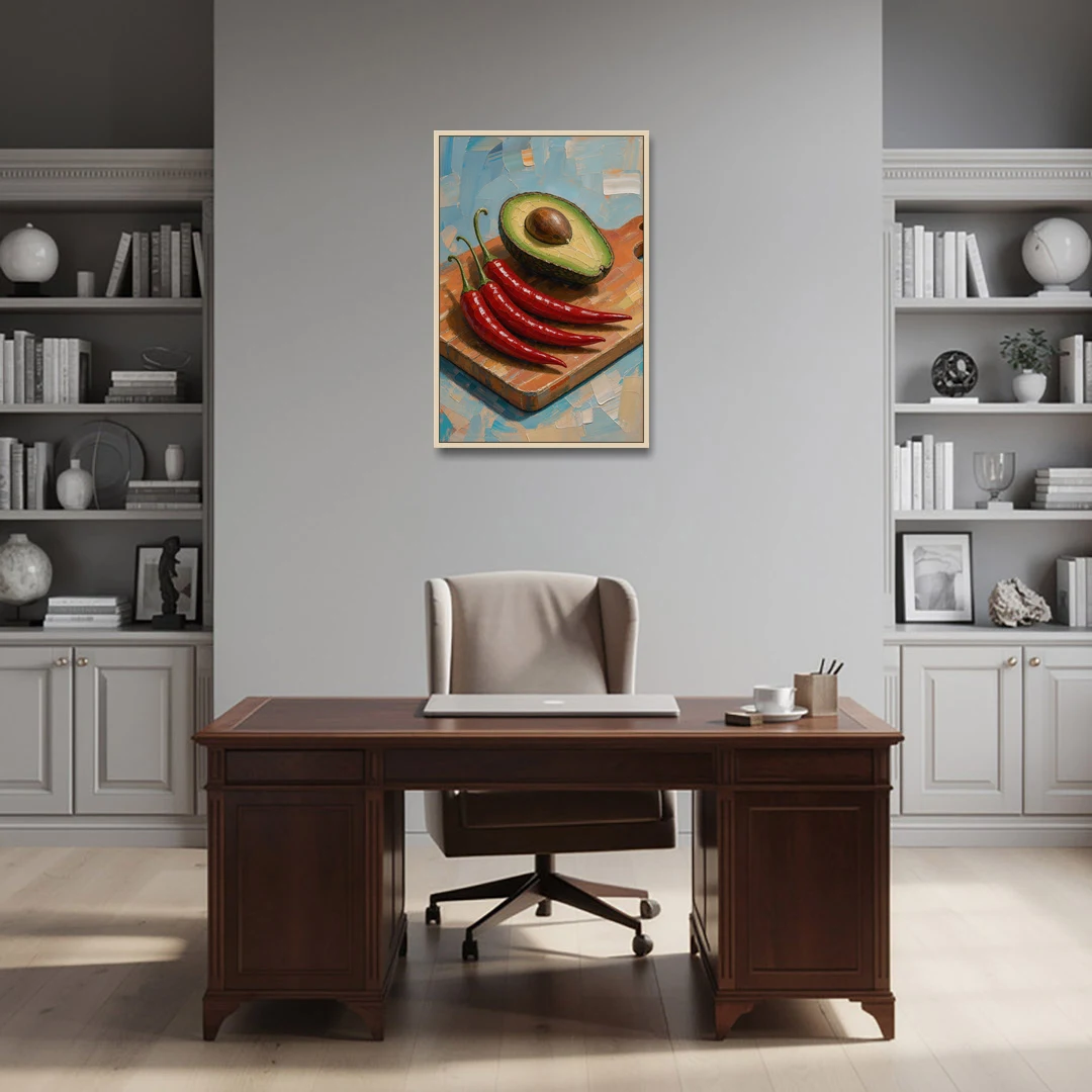 Chili Pepper Wall Art with Avocado on a Cutting Board - Oak Framed Canvas Wall Art - Office - 24x36
