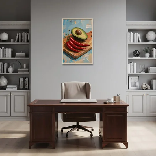 Chili Pepper Wall Art with Avocado on a Cutting Board - Oak Framed Canvas Wall Art - Office - 24x36