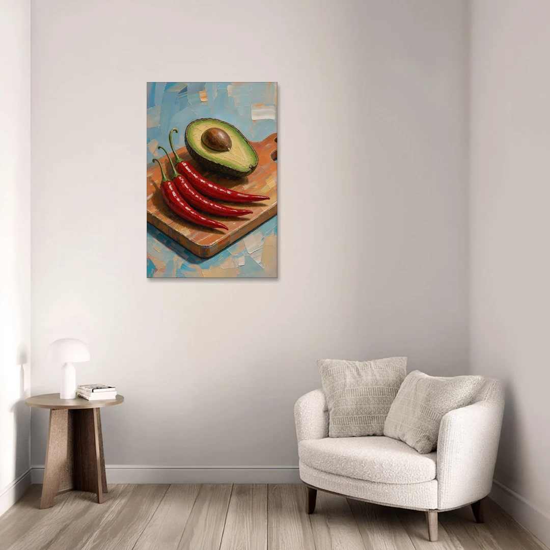 Chili Pepper Wall Art with Avocado on a Cutting Board - Canvas Wall Art - Sofa - 24x36