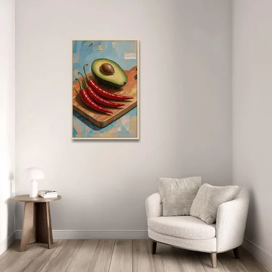 Chili Pepper Wall Art with Avocado on a Cutting Board - Oak Framed Canvas Wall Art - Sofa - 24x36