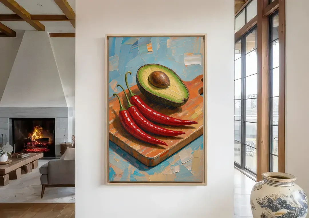 Chili Pepper Wall Art with Avocado on a Cutting Board canvas wall art in a living room with a fireplace