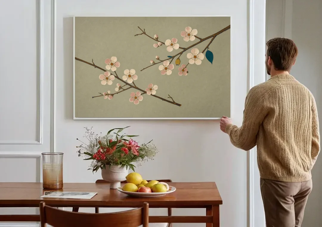 Chinoiserie Wall Art of Crossing Plum Blossom Branches canvas wall art above a dining table