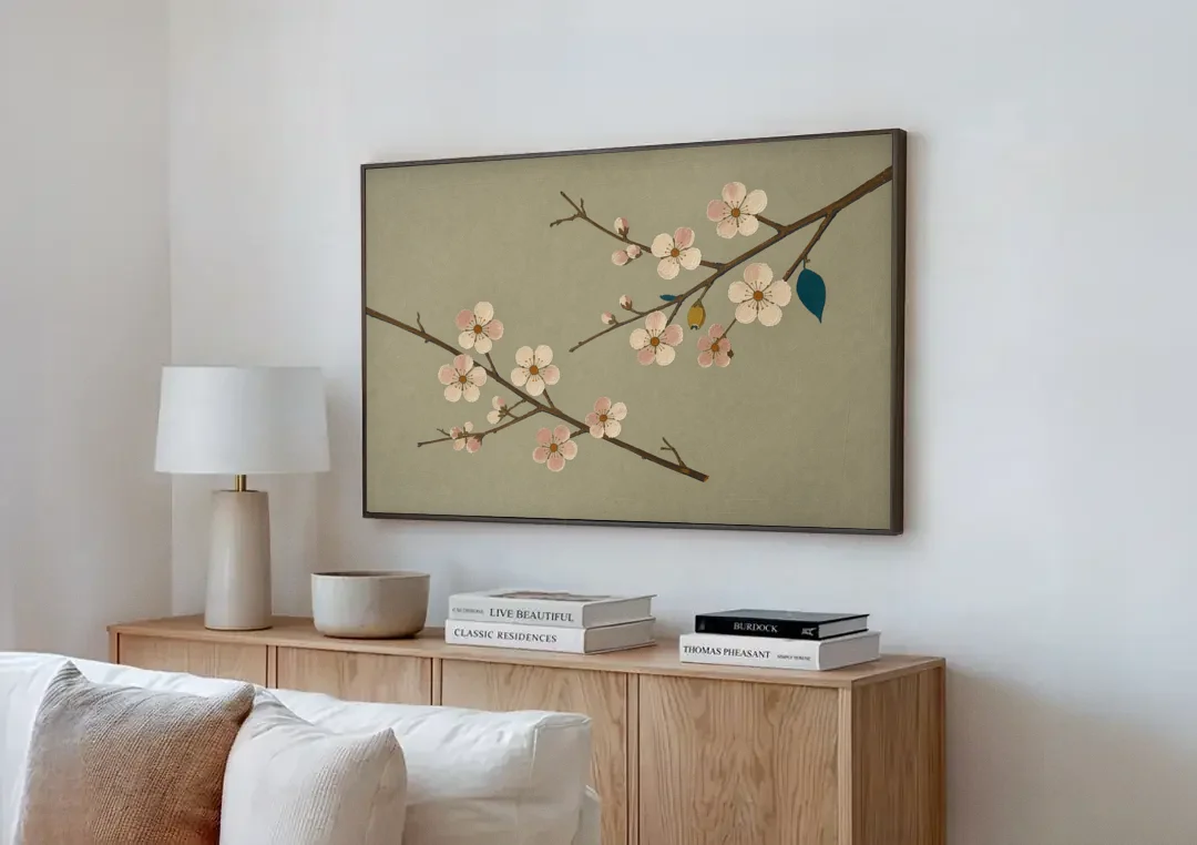 Chinoiserie Wall Art of Crossing Plum Blossom Branches canvas wall art above a wooden sideboard next to a sofa