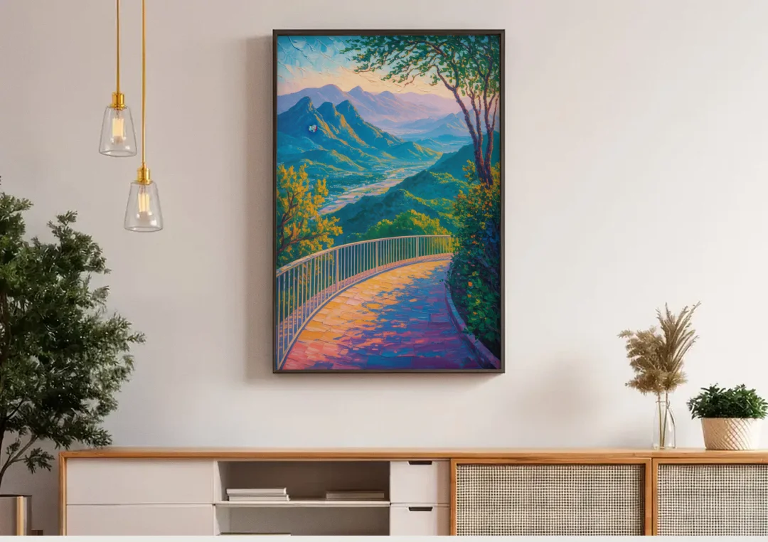 Chipinque Overlook canvas wall art above a wooden sideboard under pendant lights