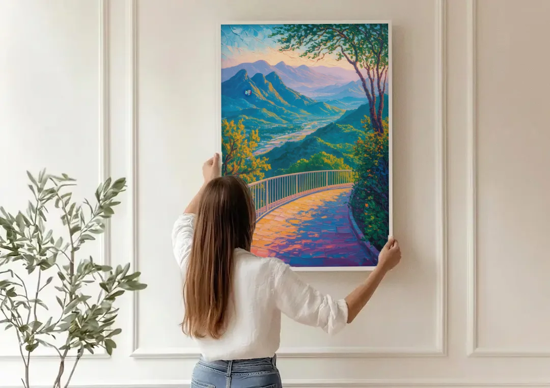 Chipinque Overlook canvas wall art being hung on a paneled wall