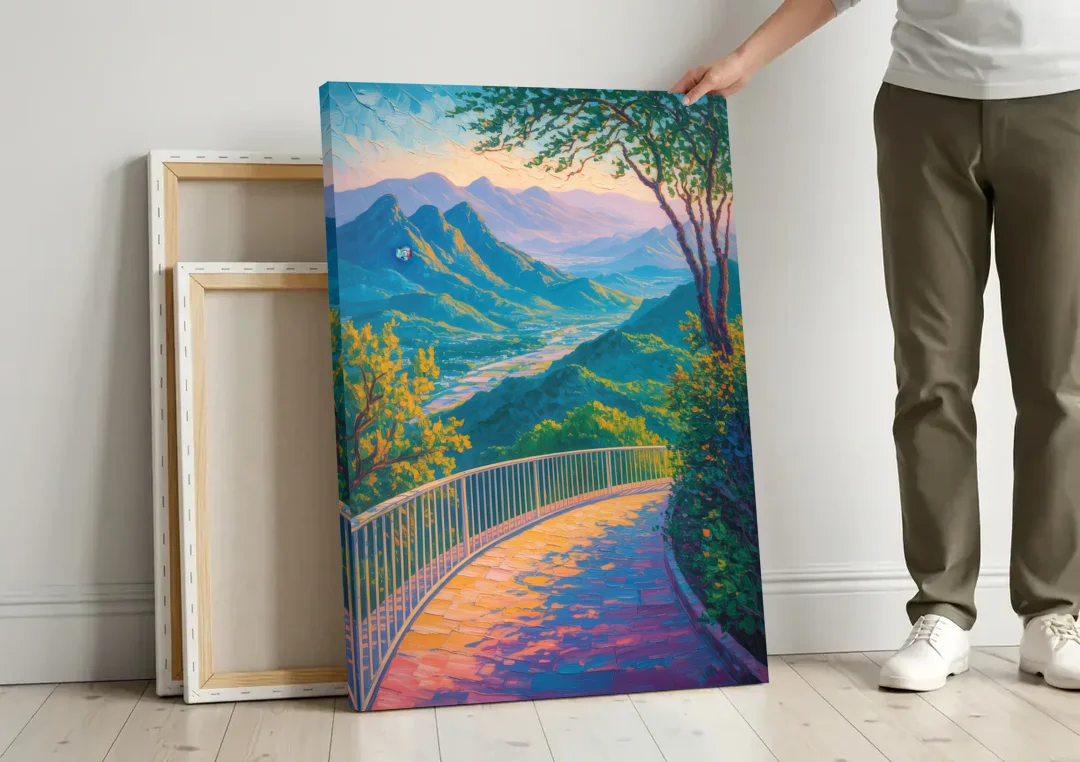 Chipinque Overlook canvas wall art leaning against a wall next to blank canvases